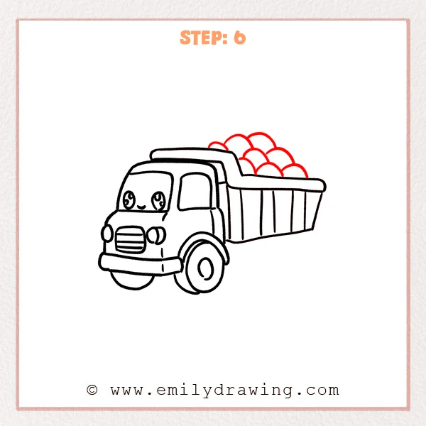 how to draw a dump truck - Step 6 adds a piled load of rounded rocks inside the dump truck’s bed using overlapping half-circle shapes.
